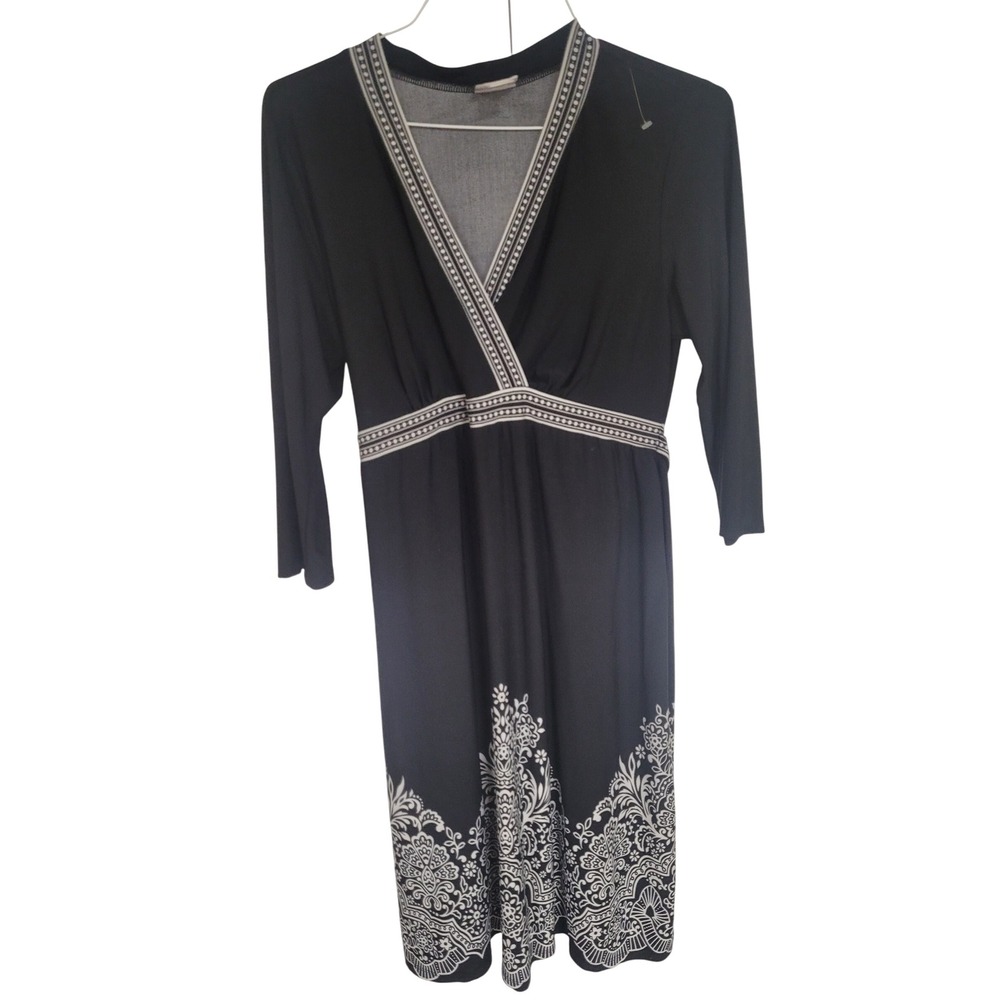 Motherhood‎ Maternity Black Dress Floral Trim Tie Waist Womens Large Jersey Knit